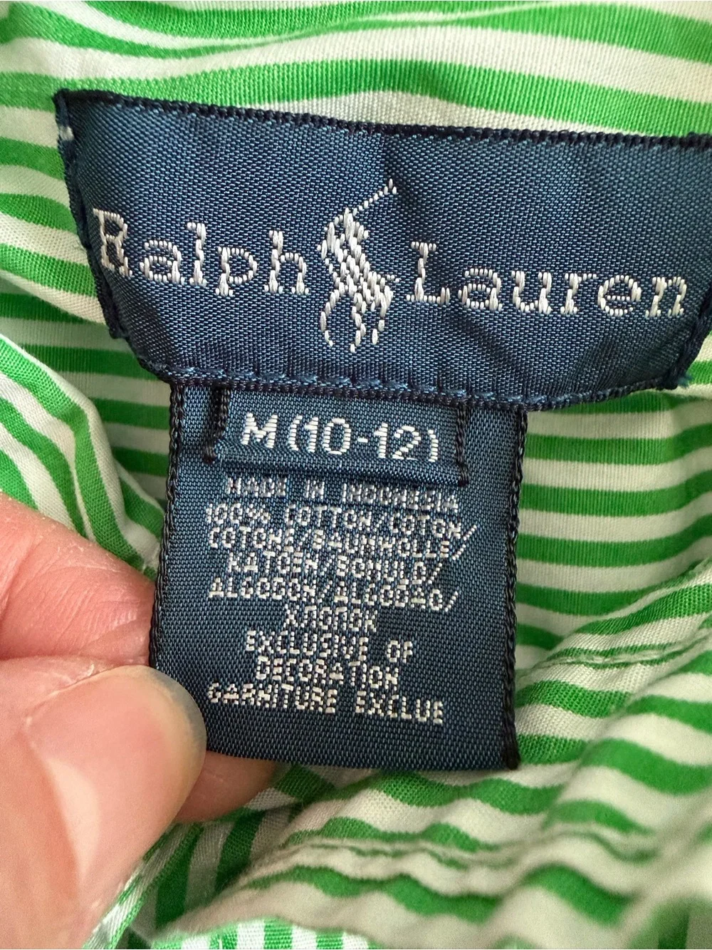 Ralph Lauren Boys Sz M 10-12 Long Sleeve Green / White Stripe Shirt Button Down